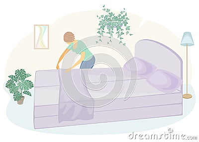 Profile of a sweet lady. The girl is making the bed in the room. A woman is a good wife and a neat housewife. Vector illustration Cartoon Illustration