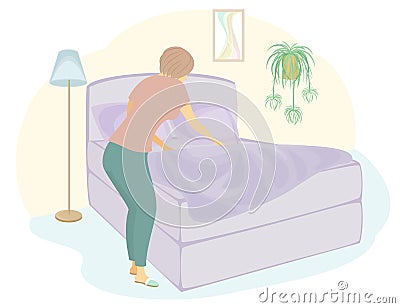 Profile of a sweet lady. The girl is making the bed in the room. A woman is a good wife and a neat housewife. Vector illustration Stock Photo