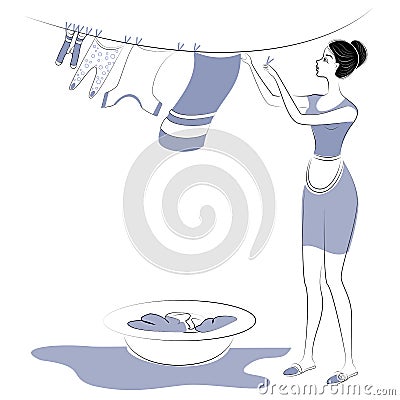 Profile of a sweet lady. The girl washed her clothes and hung them on the rope to dry. A woman is neat and a good housewife. Cartoon Illustration