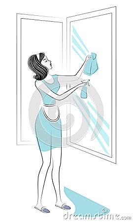 Profile of a sweet lady. A girl is washing windows. A woman is a good wife and a neat housewife. Vector illustration Cartoon Illustration