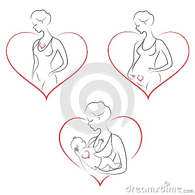 Profile of a sweet lady. Silhouette of the girl, she holds the baby in her arms. A young and beautiful woman. Happy motherhood. Cartoon Illustration