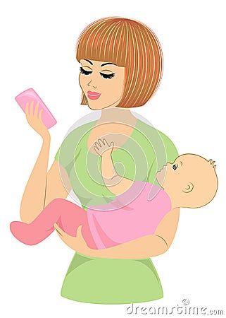 Profile of a sweet lady. Silhouette of the girl, she holds the baby in her arms. A young and beautiful woman. Happy motherhood. Cartoon Illustration