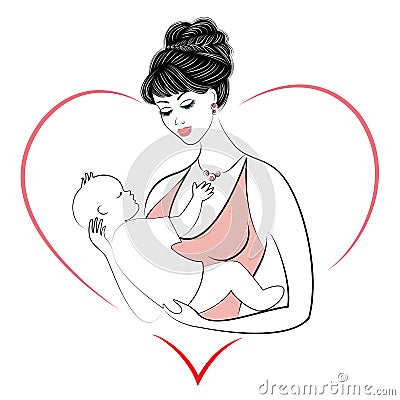 Profile of a sweet lady. Silhouette of the girl, she holds the baby in her arms. A young and beautiful woman. Happy motherhood. Cartoon Illustration