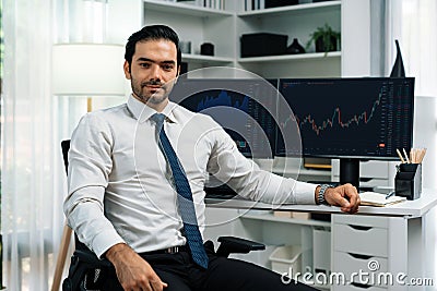 Profile of trader businessman looking at camera good-looking pose. Surmise. Stock Photo