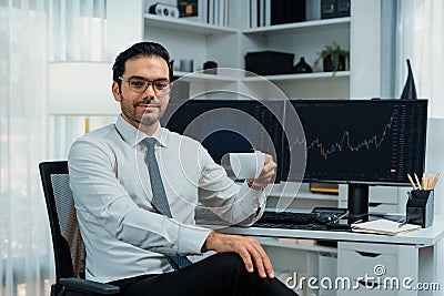 Profile of trader looking camera, raise fist up or thumb up. Surmise. Stock Photo