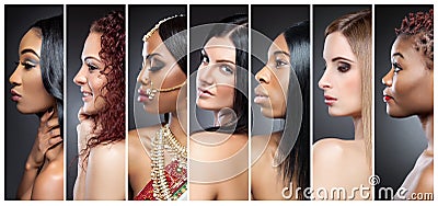 Profile view collage of multiple women with various skin tones Stock Photo