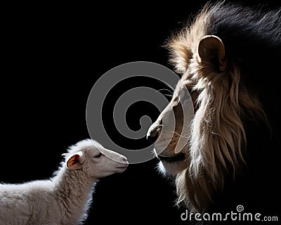 The profile of White Lamb and Lion was isolated on a black background. Cartoon Illustration