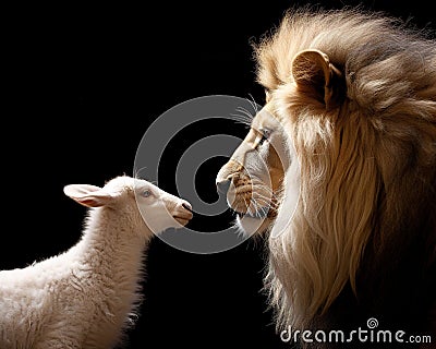 The profile of White Lamb and Lion was isolated on a black background. Cartoon Illustration