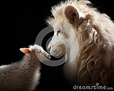 The profile of White Lamb and Lion was isolated on a black background. Cartoon Illustration