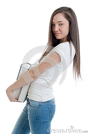 Profile of young serious woman carrying books Stock Photo