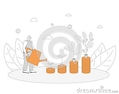 Profit concept. Retirement fund. Business growth. Elderly man with pot watering profitable money tree. Vector line art Vector Illustration