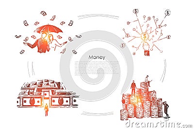 Profit, income, millionaires with umbrella under money rain, cash maze, rich people on coin stacks banner Vector Illustration