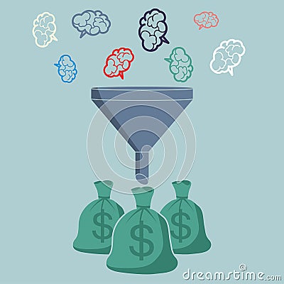 Profit and investment concept. Brains falling into the funnel co Vector Illustration