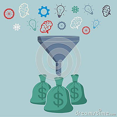 Profit and investment concept. Brains, lightbulb and gears falling into the funnel converted to the money. Vector Illustration