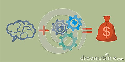 Profit and investment concept. Brains plus gears equally money p Vector Illustration