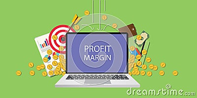 Profit margin concept illustration with laptop text on screen gold coin money Vector Illustration