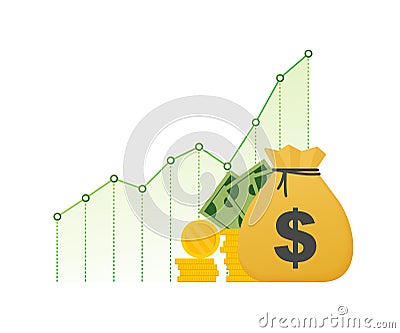 Profit money or budget. Cash and rising graph arrow up, concept of business success. Capital earnings, benefit. Vector stock Vector Illustration