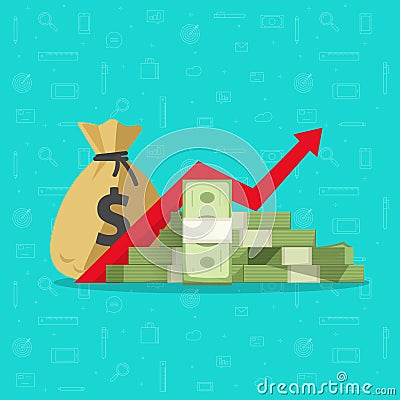 Profit money or budget vector illustration, flat cartoon pile of paper cash, rising graph arrow up, concept of business Vector Illustration