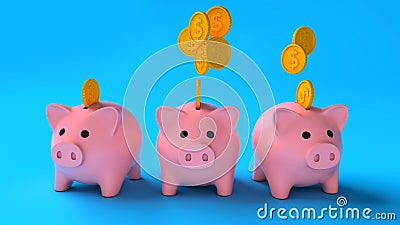 Profit sharing by piggy banks. Uneven division of money. Three pink piggy banks with gold coins money on a blue Stock Photo