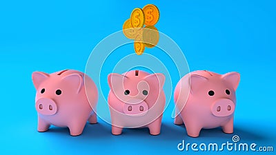 Profit sharing by piggy banks. Uneven division of money. Three pink piggy banks with gold coins money on a blue Stock Photo