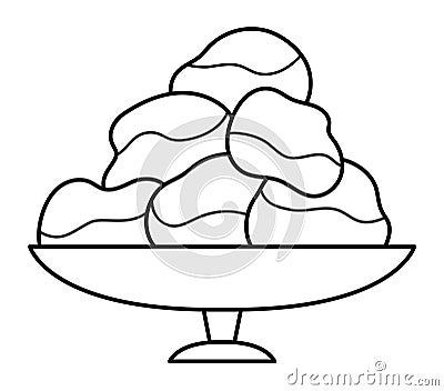 Profiteroles with chocolate icing top line icon. French dessert in a dish vector black and white illustration or coloring page. Vector Illustration