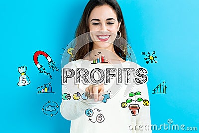 Profits text with young woman Stock Photo