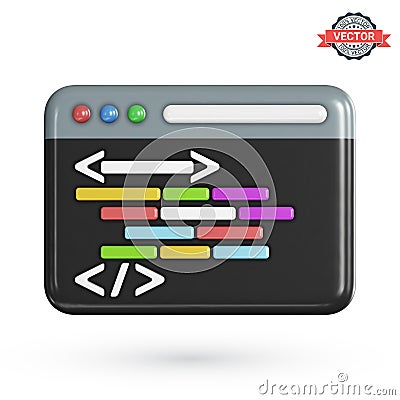 Program code development icon. Web coding or website programming concept. Web browser window or IDE application with a dark theme Vector Illustration