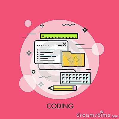 Program code window, keyboard, pencil, ruler and folder. Vector Illustration