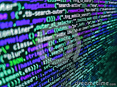 Program development concept. Programming code abstract screen of software developer. Closeup of Java Script and HTML code. Stock Photo