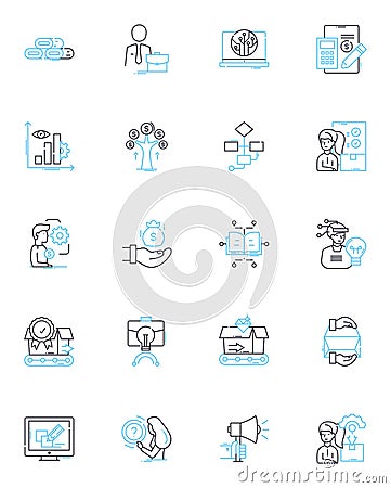 Program initiation linear icons set. Launch, Start, Commencement, Introduction, Induction, Onboarding, Implementation Vector Illustration