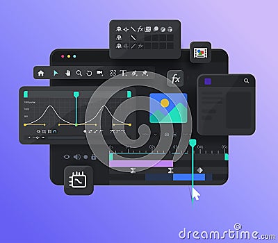 Program interface for Motion Designer. Working with Video and Animation. App for Designers. Video clip editing Vector Illustration