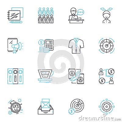 Program Managers linear icons set. Leadership, Coordination, Organization, Communication, Planning, Strategy, Execution Vector Illustration