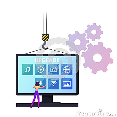 Program Upgrading Concept. Tiny Female Character at Huge Computer Desktop Touching App Buttons Vector Illustration