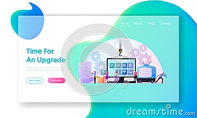 Program Upgrading Landing Page Template. Tiny Characters at Huge Computer Monitor with App Buttons Upgrade Vector Illustration