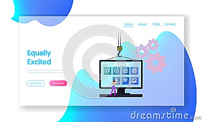 Program Upgrading Landing Page Template. Tiny Female Character at Huge Computer Desktop Touching App Buttons Vector Illustration