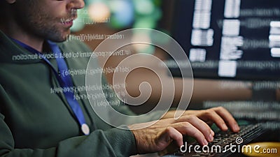 Programer hands typing keyboard working computer pc in data hologram closeup Stock Photo