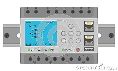 Programmable logic controller mounted on a DIN rail Vector Illustration