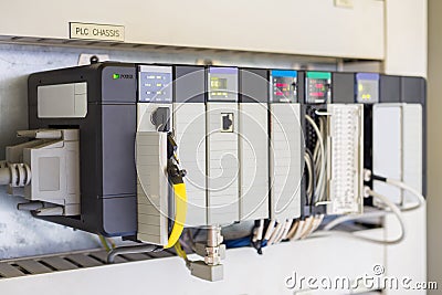 Programmable Logic Controller or PLC install for controlled oil and gas process. Stock Photo