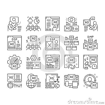 Programmatic Advertising Service Icons Set Vector . Vector Illustration