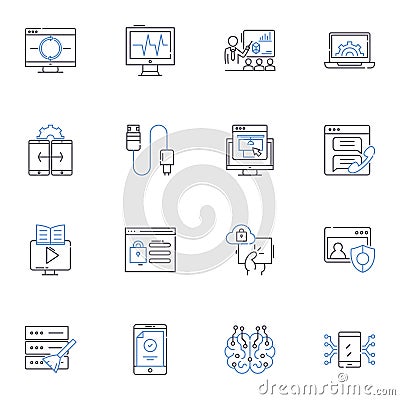 Programmed line icons collection. Automated, Digital, Coded, Scripted, Algorithmic, Engineered, Machined vector and Vector Illustration