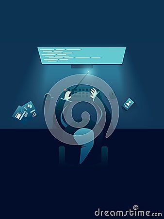 IT programmer as genius or wizard sitting behind computer. IT recruitment poster template for hiring IT developers Vector Illustration