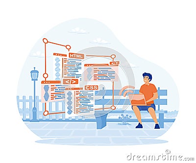 programmer cartoon character developing website, coding. Vector Illustration