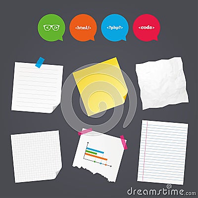 Programmer coder glasses. HTML markup language. Vector Illustration