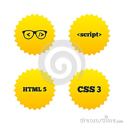 Programmer coder glasses. HTML markup language. Vector Illustration