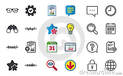 Programmer coder glasses. HTML markup language. Vector Illustration