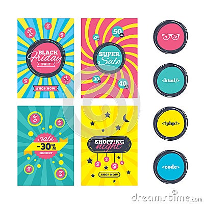 Programmer coder glasses. HTML markup language. Vector Illustration