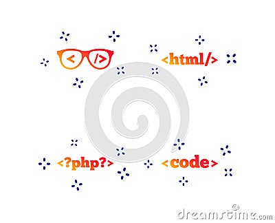 Programmer coder glasses. HTML markup language. Vector Vector Illustration