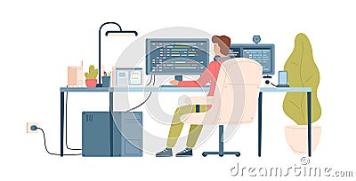 Programmer, coder, web developer or software engineer sitting at desk and working on computer or programming. Workplace Vector Illustration