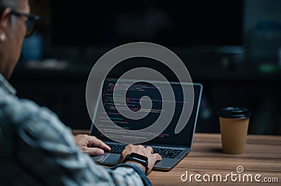 programmer coding, compiler, encode, debug, and developer application software for business corporate with laptop computer. Man Stock Photo