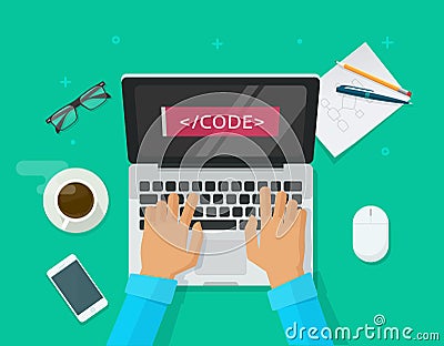 Programmer coding, laptop computer, work desk, freelancer sitting on table Vector Illustration